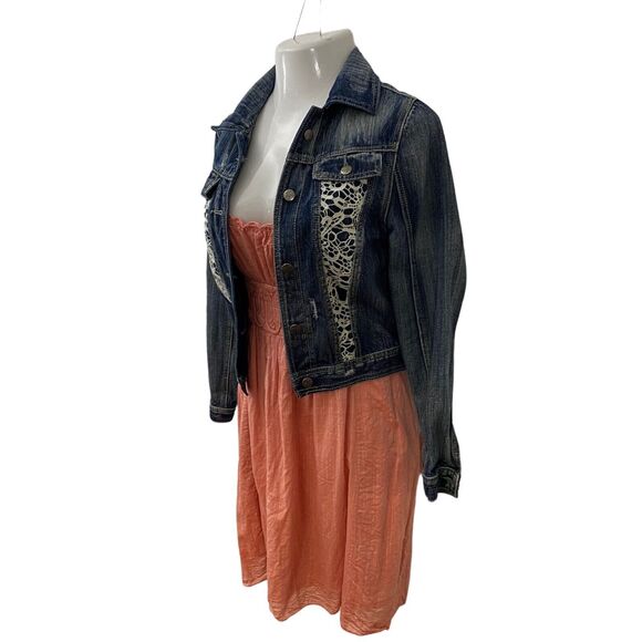 Studio M Dress Womens Medium Cottagecore Peasant Denim Jacket Orange Blue Lace - Picture 16 of 16
